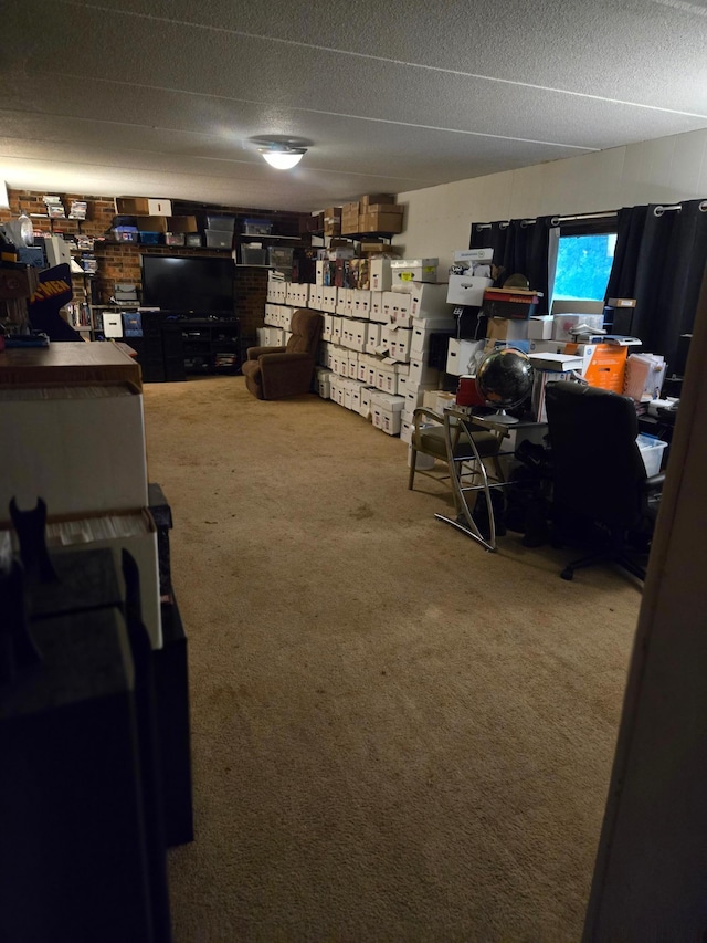 carpeted office space with a textured ceiling