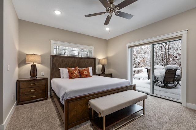 bedroom featuring ceiling fan, light colored carpet, and access to exterior