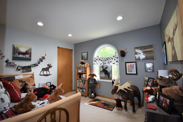 bedroom with recessed lighting and carpet flooring