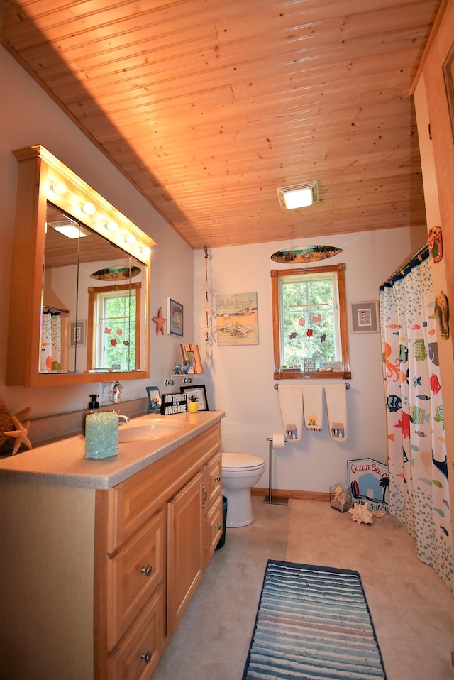 bathroom with wood ceiling, plenty of natural light, vanity, and toilet