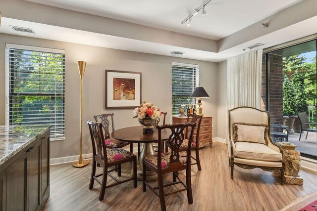 dining area with light wood-type flooring and track lighting