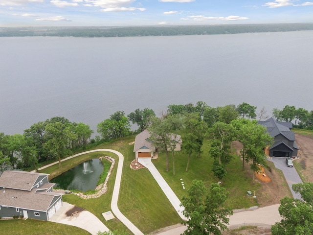 bird's eye view with a water view