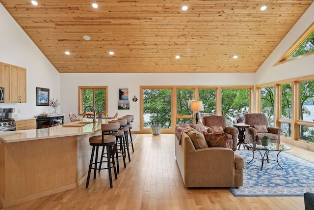 living room featuring high vaulted ceiling, light hardwood / wood-style flooring, and wooden ceiling