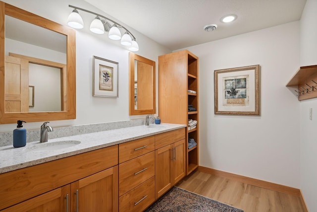 bathroom with vanity and wood-type flooring