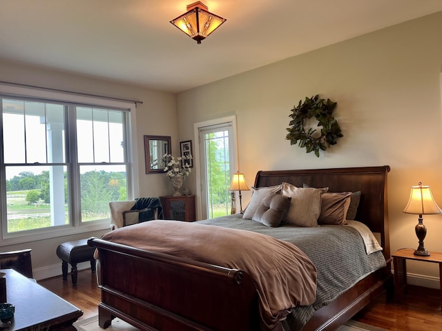 bedroom featuring multiple windows, wood finished floors, and baseboards