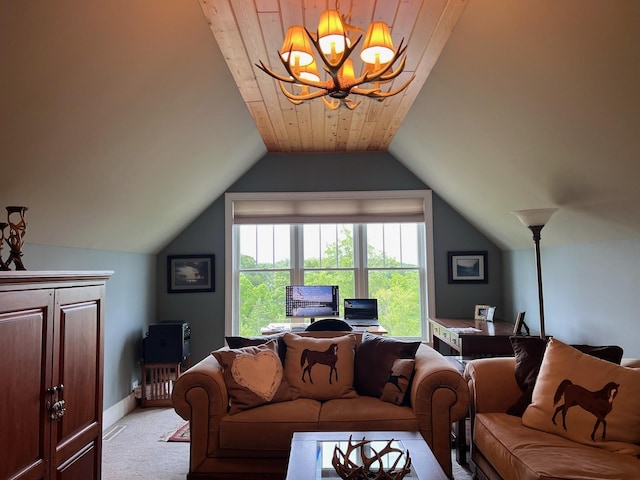 living room featuring lofted ceiling, light colored carpet, a notable chandelier, and baseboards