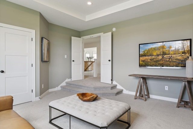 interior space featuring light colored carpet