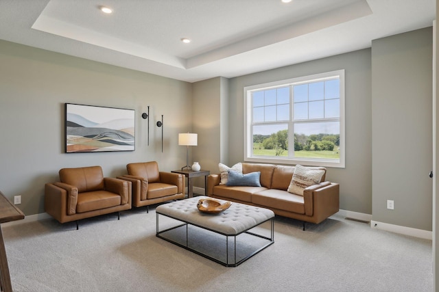 carpeted living room featuring a raised ceiling