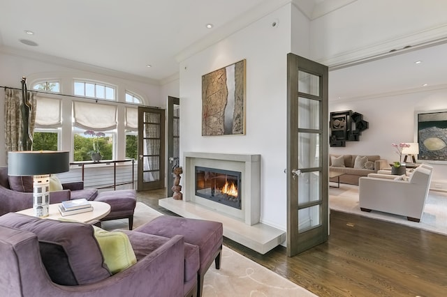 living room featuring ornamental molding, a fireplace, dark hardwood / wood-style flooring, and french doors