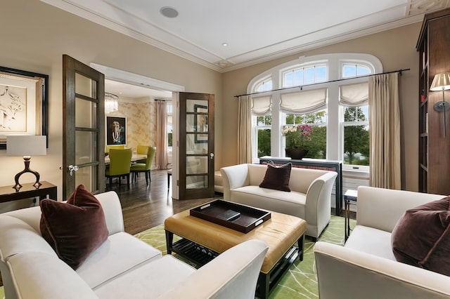 interior space with crown molding, french doors, and hardwood / wood-style flooring