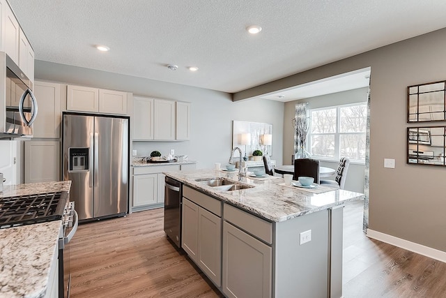 kitchen with appliances with stainless steel finishes, a kitchen island with sink, sink, and light wood-type flooring