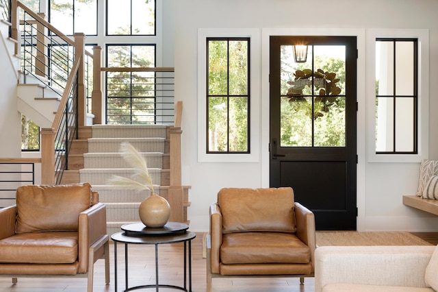 doorway with plenty of natural light and light hardwood / wood-style flooring