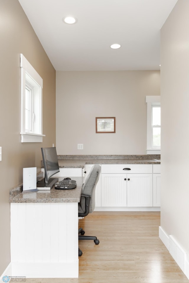 16305 57th St SE, Kindred, ND 58051 - home office featuring built in study area, light wood-style floors, and recessed lighting