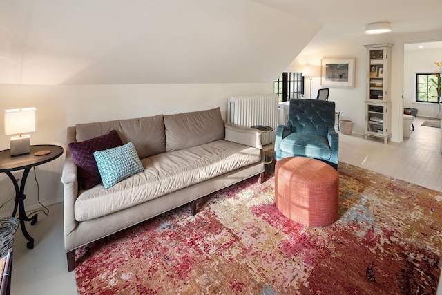 living room with vaulted ceiling, radiator heating unit, and wood-type flooring