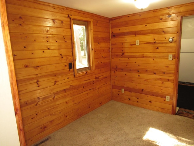 carpeted spare room featuring wooden walls