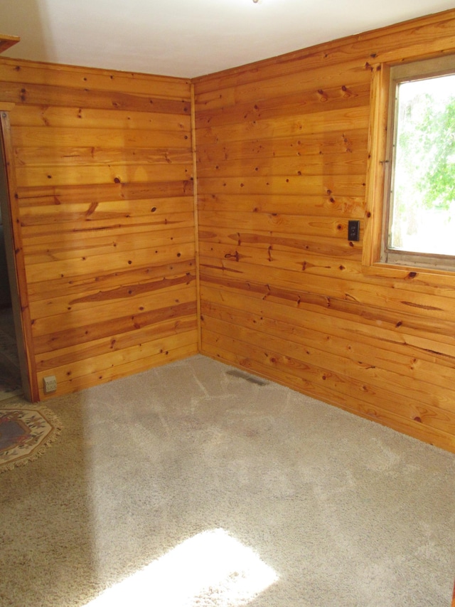 unfurnished room featuring wood walls and carpet flooring