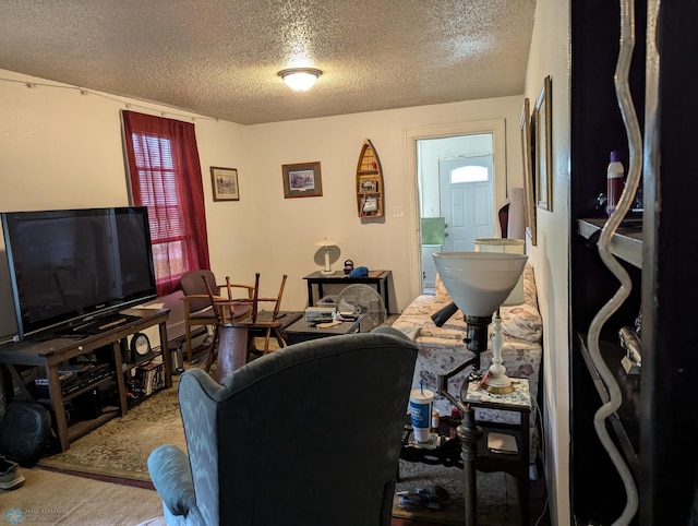 carpeted living room with a textured ceiling