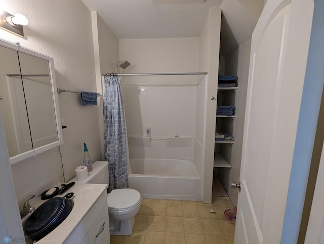 full bathroom with shower / bath combo with shower curtain, oversized vanity, toilet, and tile floors