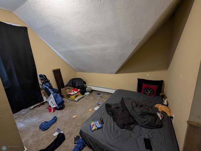 bonus room featuring carpet floors, a textured ceiling, lofted ceiling, and a baseboard radiator