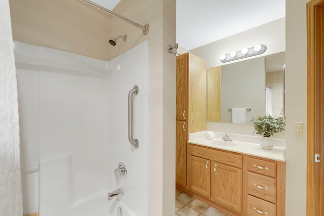 bathroom featuring shower / bath combination with curtain and vanity