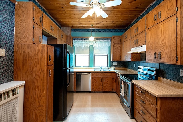 kitchen with stainless steel appliances, ceiling fan, wooden ceiling, and sink