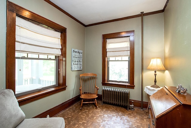 living area featuring radiator, a wealth of natural light, parquet floors, and crown molding