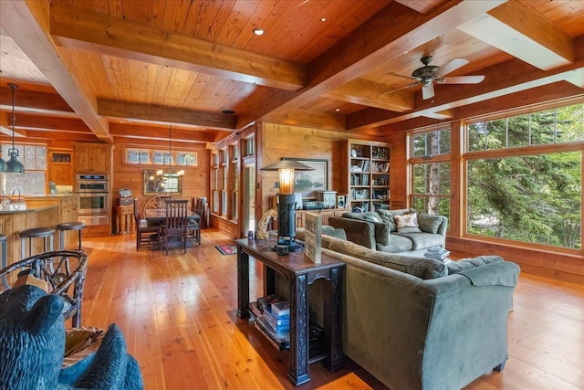 living room featuring light wood-type flooring, wooden ceiling, and wooden walls