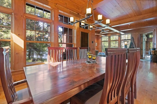 dining area featuring light hardwood / wood-style floors, wood walls, wooden ceiling, ceiling fan, and beam ceiling