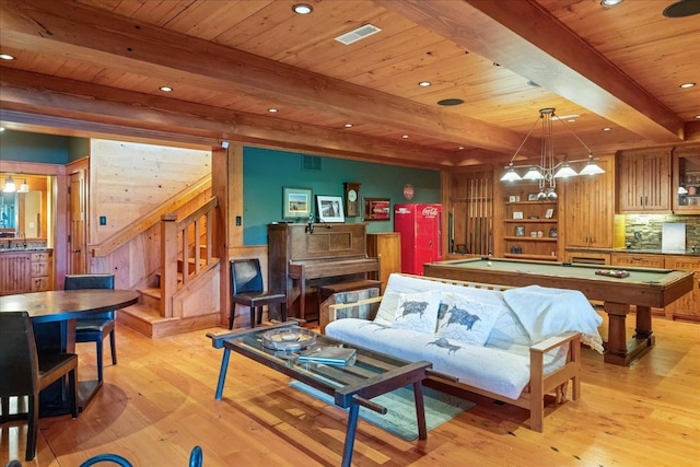 playroom with pool table, light hardwood / wood-style flooring, beam ceiling, and wood ceiling