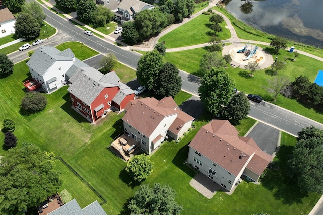 bird's eye view with a water view