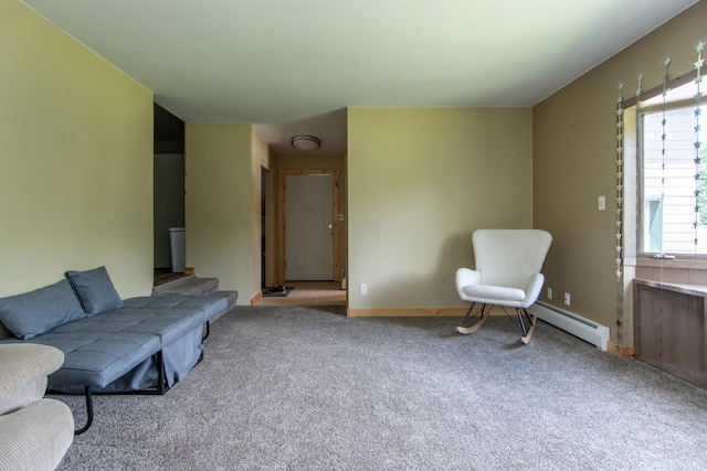 living room with light colored carpet and baseboard heating