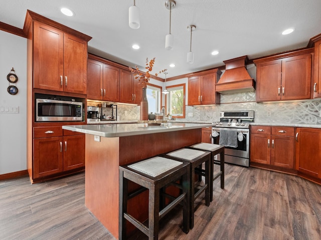1599 Donway Ct NE, Alexandria, MN 56308 - kitchen featuring stainless steel appliances, premium range hood, dark wood-style floors, a center island, and recessed lighting