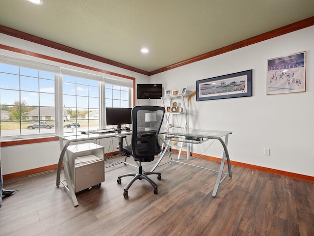 1599 Donway Ct NE, Alexandria, MN 56308 - office with ornamental molding, wood finished floors, and recessed lighting