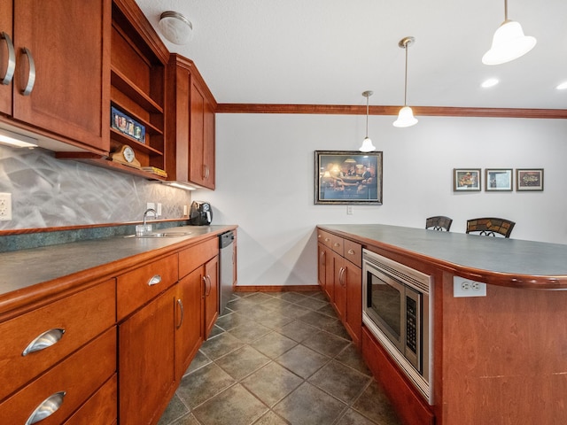1599 Donway Ct NE, Alexandria, MN 56308 - kitchen with appliances with stainless steel finishes, open shelves, ornamental molding, a peninsula, and backsplash