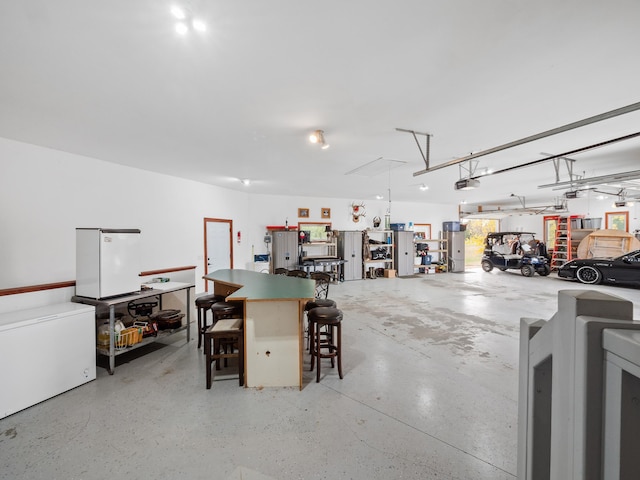 1599 Donway Ct NE, Alexandria, MN 56308 - garage featuring a garage door opener and refrigerator