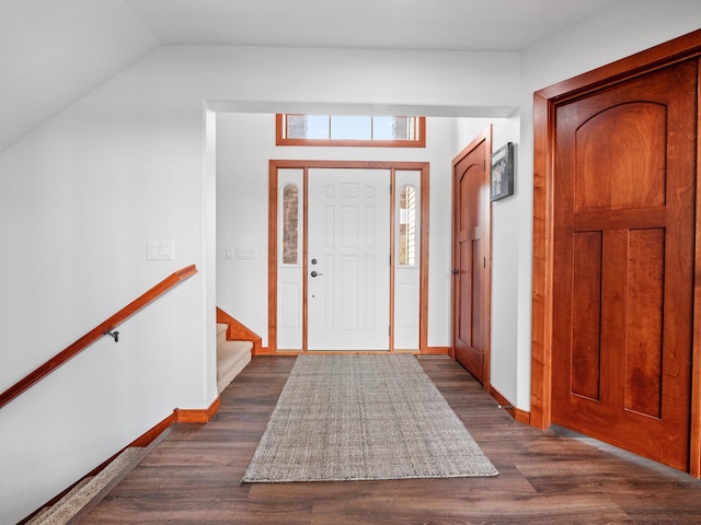 1599 Donway Ct NE, Alexandria, MN 56308 - foyer with dark wood-type flooring, lofted ceiling, and stairway