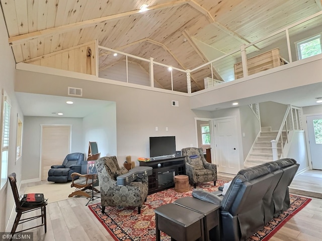 living area with stairs, wood ceiling, visible vents, and wood finished floors