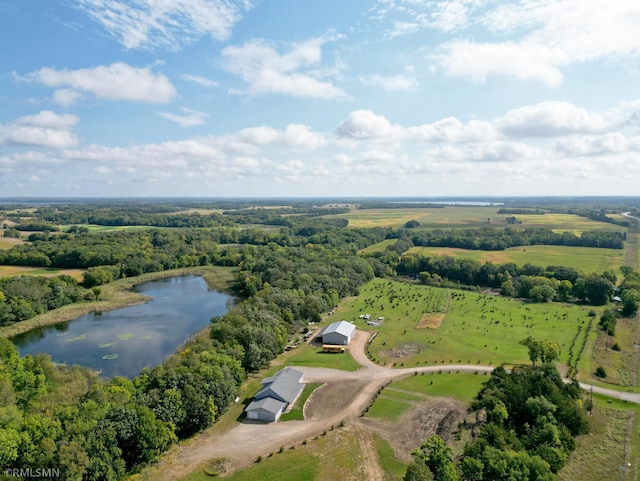 drone / aerial view featuring a rural view and a water view