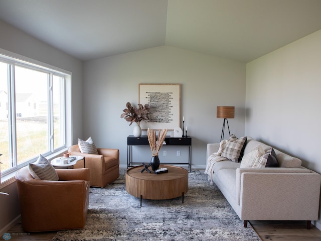 living room with a wealth of natural light, wood-type flooring, and lofted ceiling