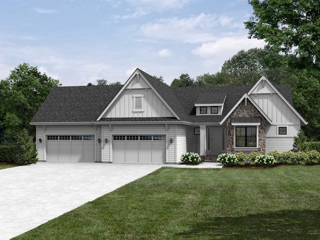 view of front of house with driveway, stone siding, roof with shingles, board and batten siding, and a front yard