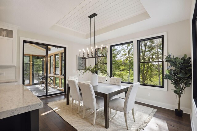 dining space with a healthy amount of sunlight, dark hardwood / wood-style floors, and a tray ceiling