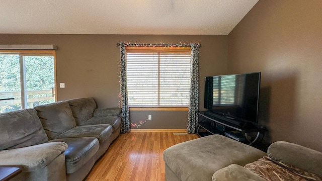 living room with light hardwood / wood-style flooring, a textured ceiling, lofted ceiling, and a wealth of natural light