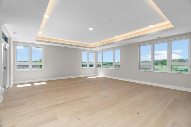 unfurnished room featuring a tray ceiling and light wood-type flooring