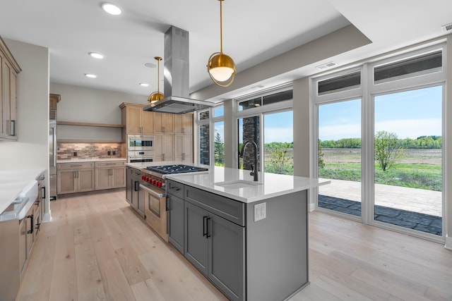 kitchen with sink, premium appliances, island exhaust hood, an island with sink, and decorative light fixtures