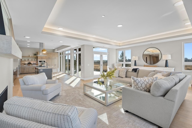 living room featuring a tray ceiling and light wood-type flooring