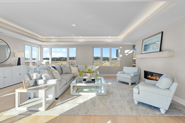 living room with a tray ceiling and light hardwood / wood-style floors