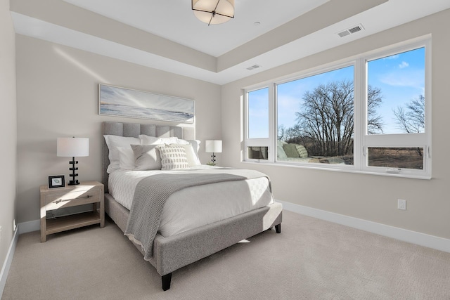 bedroom featuring a raised ceiling and light colored carpet