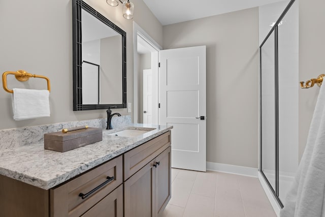 bathroom featuring tile patterned floors, vanity, and a shower with shower door