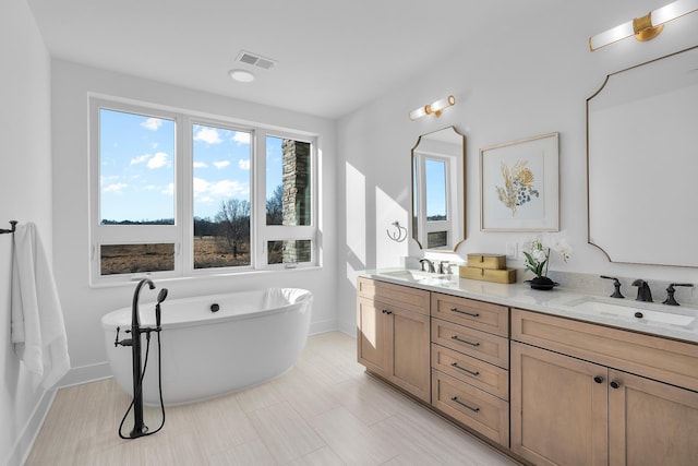 bathroom featuring vanity and a washtub