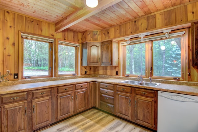 kitchen with white dishwasher, a sink, wood ceiling, brown cabinets, and beam ceiling
